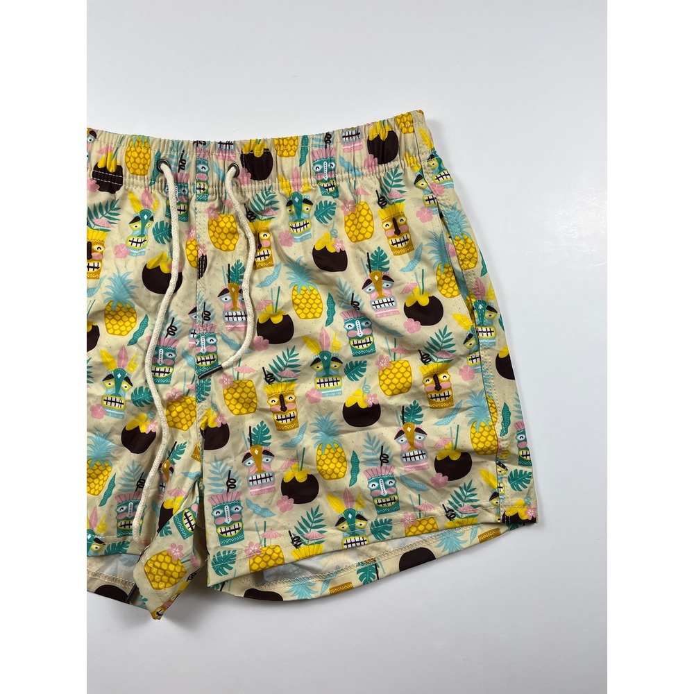 Two Left Feet Mens Tiki Cocktail Tropical Print Swim Trunks Tan Medium - Picture 3 of 9
